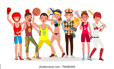 Summer Sports Vector. Set Of Players In Boxing, Hiking, Basketball, Volleyball, Golf, Lacrosse, Baseball. Isolated On White Background Flat Cartoon Illustration