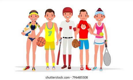 Summer Sports Vector. Set Of Players In Boxing, Basketball, Volleyball, Baseball. Isolated On White Flat Cartoon Illustration
