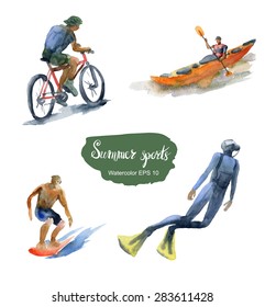 Summer sports. Vector watercolor illustration.