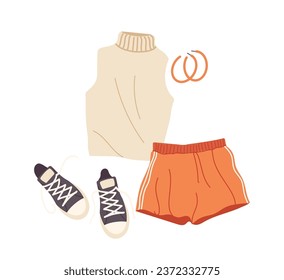 Summer sports wear for young adult woman and trendy earrings accessory, trendy 90s fashion kit