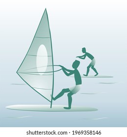 summer sports, windsurfing, banner, two people, vector illustration