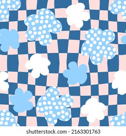 Sommergefleckte Blumen nahtloses Muster auf rasterverzerrtem Hintergrund. Hippie-Ästhetik-Druck für Stoff, Papier, T-Shirt. Große Vektorgrafik für Dekoration und Design.
