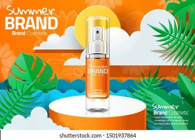 Summer spray product on round podium and paper art tropical leaf background in 3d illustration, cosmetic ads