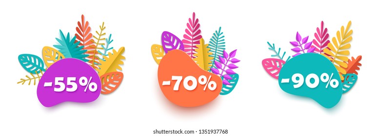 Summer spring autumn sale, Set of ad banners with discount 55 70 90 percent with bright colorful leaves in paper cut style, isolated on white background, special offer, advertising Season Sale design
