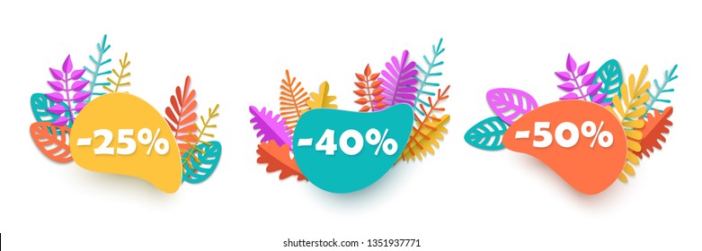 Summer spring autumn sale, Set of ad banners with discount 25 40 50 percent with bright colorful leaves in paper cut style, isolated on white background, special offer, advertising Season Sale design