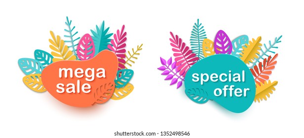 Summer spring autumn sale, Set of ad banners with text Mega Sale and Special Offer, bright colorful leaves isolated on white background in paper cut style, seasonal design