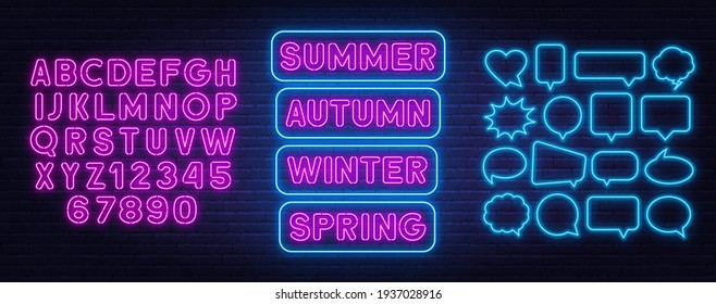 Summer, spring, autumn and winter neon signs on brick wall background.