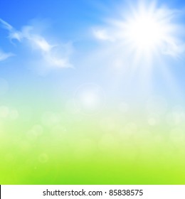 summer or spring background with blue sky and sun