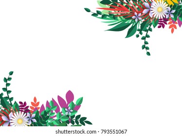 Summer and Spring Background with bright colorful flowers. Floral colorful branches with buds. Template blooming flowers for wedding invitations and greeting card design. vector illustration