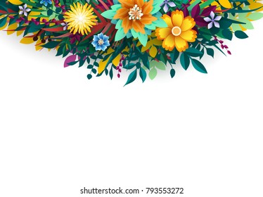 Summer and Spring Background with bright colorful flowers. Floral colorful branches with buds. Template blooming flowers for wedding invitations and greeting card design. vector illustration