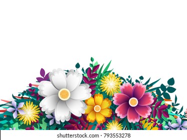 Summer and Spring Background with bright colorful flowers. Floral colorful branches with buds. Template blooming flowers for wedding invitations and greeting card design. vector illustration