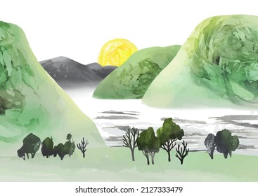 Fondo de verano o primavera, paisaje de campo panorámico con amanecer. Vector de acuarela Ilustración con árboles, ríos y sol. La belleza de la naturaleza en tonos verdes y grises