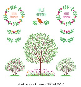 Summer, spring background with tree and flowers. Wreath of flowers and leaves. Elements for your design. Vector illustration.