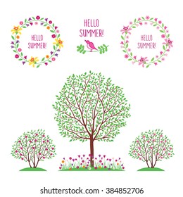 Summer, spring background with tree and flowers. Wreath of  flowers and leaves. Elements for your design. Vector illustration.