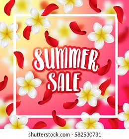 Summer or spring background with tropical flowers and rose petals. Hand drawn calligraphy "summer sale" 