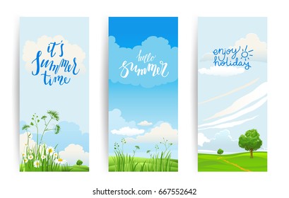 Summer or spring banners template for design banner, ticket, leaflet, card, poster and so on. Green grass and flowers scenery.