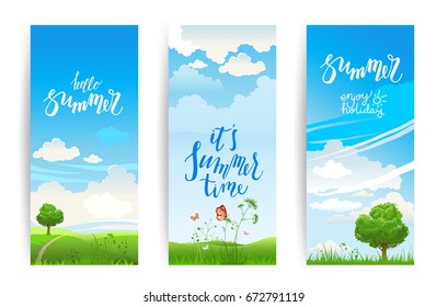 Summer or spring banners template for design banner, ticket, leaflet, card, poster and so on. Green grass and flowers scenery.