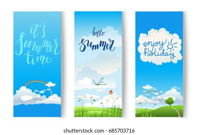 Summer or spring banners template for design banner, ticket, leaflet, card, poster and so on. Green grass and flowers scenery.