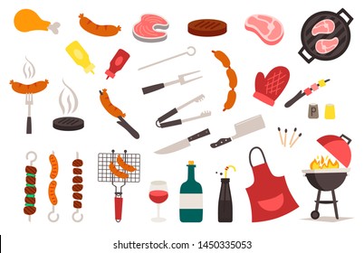 Summer, spring barbecue grill and picnic icons set. Snacks, vegetables, healthy food. Meat, sausages, bottles with sauces and other grill tools. Party items, decorations. Isolated on white background.