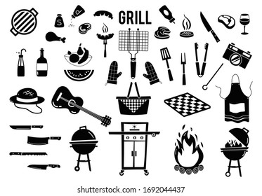 Parrillada de verano, barbacoa de primavera e íconos de picnic. Herramientas de asador de colección, elementos de fiesta, decoraciones. Vector aislado en fondo blanco.