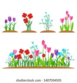 Summer and spring blossom forest and garden flowers field isolated on white background. Nature springtime flower landscape collection. Vector illustration