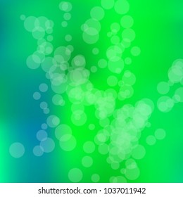 Summer spring blurred bokeh abstract light background. Green gradient backdrop with sunlight. Organic nature wallpaper. Ecology concept for your graphic design, banner or poster. Vector illustration.