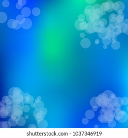 Summer spring blurred bokeh abstract light background. Green, blue gradient backdrop with sunlight. Organic nature wallpaper. Ecology concept for your graphic design, banner. Vector illustration.
