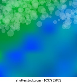 Summer spring blurred bokeh abstract light background. Green, blue gradient backdrop with sunlight. Organic nature wallpaper. Ecology concept for your graphic design, banner. Vector illustration.