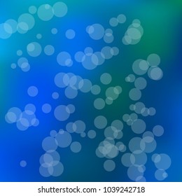 Summer spring blurred bokeh abstract light background. Green, blue gradient backdrop with sunlight. Organic nature wallpaper. Ecology concept for your graphic design, banner. Vector illustration.