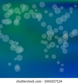 Summer spring blurred bokeh abstract light background. Green, blue gradient backdrop with sunlight. Organic nature wallpaper. Ecology concept for your graphic design, banner. Vector illustration.