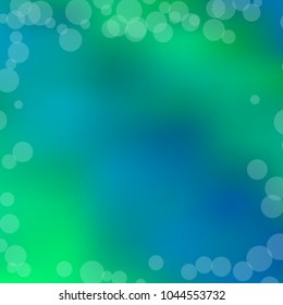 Summer spring blurred bokeh abstract light background. Green, blue gradient backdrop with sunlight. Organic nature wallpaper. Ecology concept for your graphic design, banner. Vector illustration.