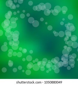 Summer spring blurred bokeh abstract light background. Green gradient backdrop with sunlight. Organic nature wallpaper. Ecology concept for your graphic design, banner or poster. Vector illustration.