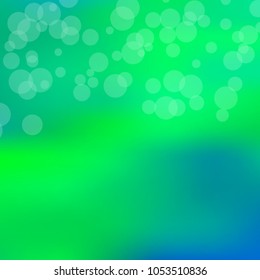 Summer spring blurred bokeh abstract light background. Green, blue gradient backdrop with sunlight. Organic nature wallpaper. Ecology concept for your graphic design, banner. Vector illustration.