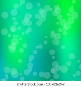 Summer spring blurred bokeh abstract light background. Green gradient backdrop with sunlight. Organic nature wallpaper. Ecology concept for your graphic design, banner or poster. Vector illustration.