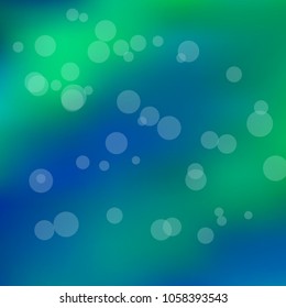 Summer spring blurred bokeh abstract light background. Green, blue gradient backdrop with sunlight. Organic nature wallpaper. Ecology concept for your graphic design, banner. Vector illustration.