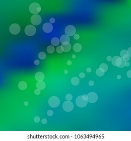 Summer spring blurred bokeh abstract light background. Green, blue gradient backdrop with sunlight. Organic nature wallpaper. Ecology concept for your graphic design, banner. Vector illustration.