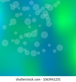 Summer spring blurred bokeh abstract light background. Green, blue gradient backdrop with sunlight. Organic nature wallpaper. Ecology concept for your graphic design, banner. Vector illustration.