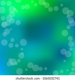 Summer spring blurred bokeh abstract light background. Green, blue gradient backdrop with sunlight. Organic nature wallpaper. Ecology concept for your graphic design, banner. Vector illustration.