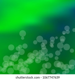 Summer spring blurred bokeh abstract light background. Green gradient backdrop with sunlight. Organic nature wallpaper. Ecology concept for your graphic design, banner or poster. Vector illustration.