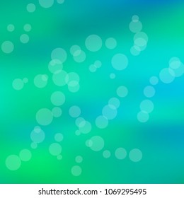 Summer spring blurred bokeh abstract light background. Green, blue gradient backdrop with sunlight. Organic nature wallpaper. Ecology concept for your graphic design, banner. Vector illustration.