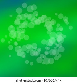Summer spring blurred bokeh abstract light background. Green gradient backdrop with sunlight. Organic nature wallpaper. Ecology concept for your graphic design, banner or poster. Vector illustration.