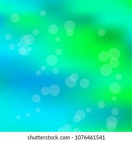 Summer spring blurred bokeh abstract light background. Green, blue gradient backdrop with sunlight. Organic nature wallpaper. Ecology concept for your graphic design, banner. Vector illustration.