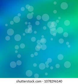 Summer spring blurred bokeh abstract light background. Green, blue gradient backdrop with sunlight. Organic nature wallpaper. Ecology concept for your graphic design, banner. Vector illustration.