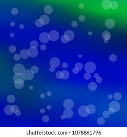 Summer spring blurred bokeh abstract light background. Green, blue gradient backdrop with sunlight. Organic nature wallpaper. Ecology concept for your graphic design, banner. Vector illustration.