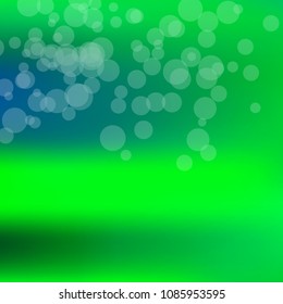 Summer spring blurred bokeh abstract light background. Green gradient backdrop with sunlight. Organic nature wallpaper. Ecology concept for your graphic design, banner or poster. Vector illustration.