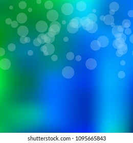 Summer spring blurred bokeh abstract light background. Green, blue gradient backdrop with sunlight. Organic nature wallpaper. Ecology concept for your graphic design, banner. Vector illustration.