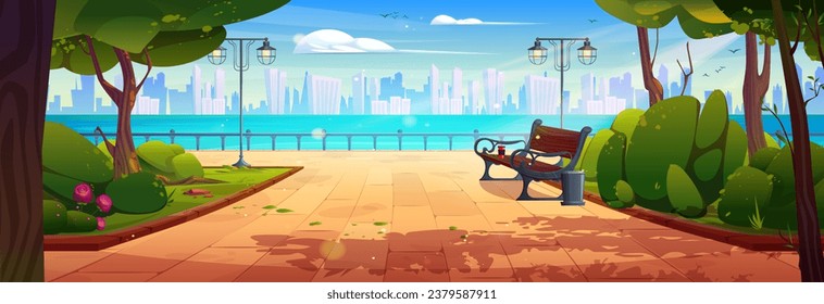 Summer or spring city public park with bench, lantern and trees on shore of river or lake against backdrop of high-rise buildings. Cartoon vector landscape of town street garden with woods and flowers