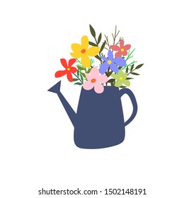 Summer spring colorful bouquet of flowers in a watering can. Flower exhibition of gardening and design. Flat style illustration for greeting and invitation cards, posters, banners, flyers, bags.