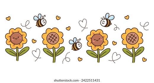 Summer or spring composition of design elements with cute kawaii sunflowers, bees, hearts. Beautiful print in cartoon style. Great illustration for mug mockup