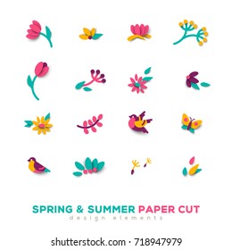 Summer and spring cute paper cut design elements. Vector illustration. Floral natural shapes, flowers, berries and leaves. Pink tulips, sparrow bird and butterfly.